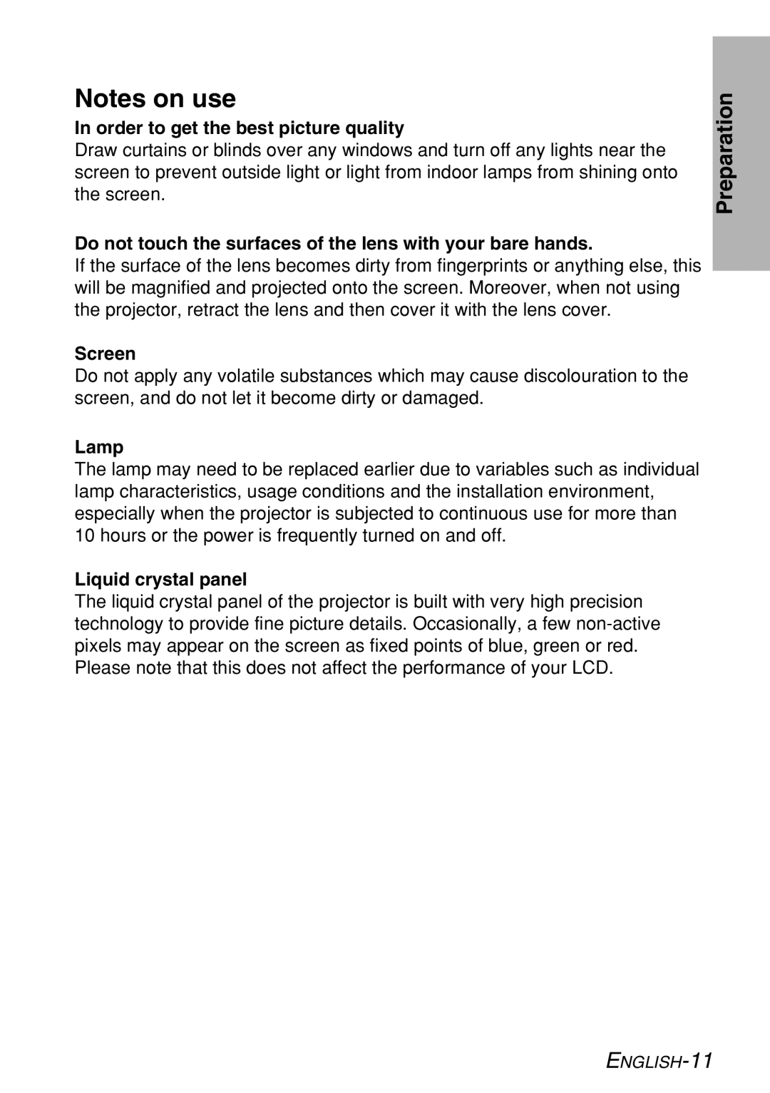 Panasonic PT-LB60NTE Order to get the best picture quality, Do not touch the surfaces of the lens with your bare hands 