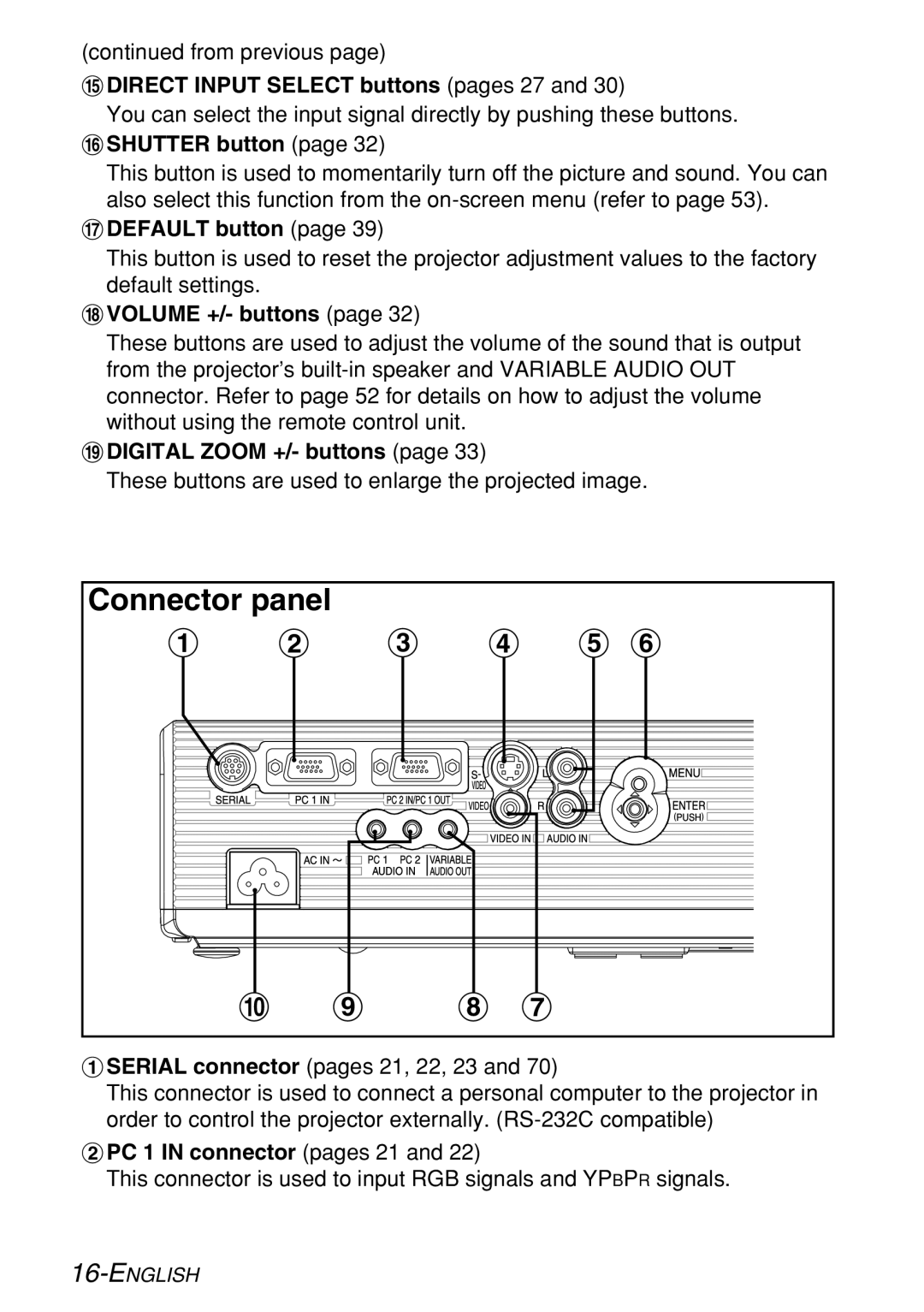 Panasonic PT-LB60NTE manual Direct Input Select buttons pages 27, Shutter button, Default button, Volume +/- buttons 