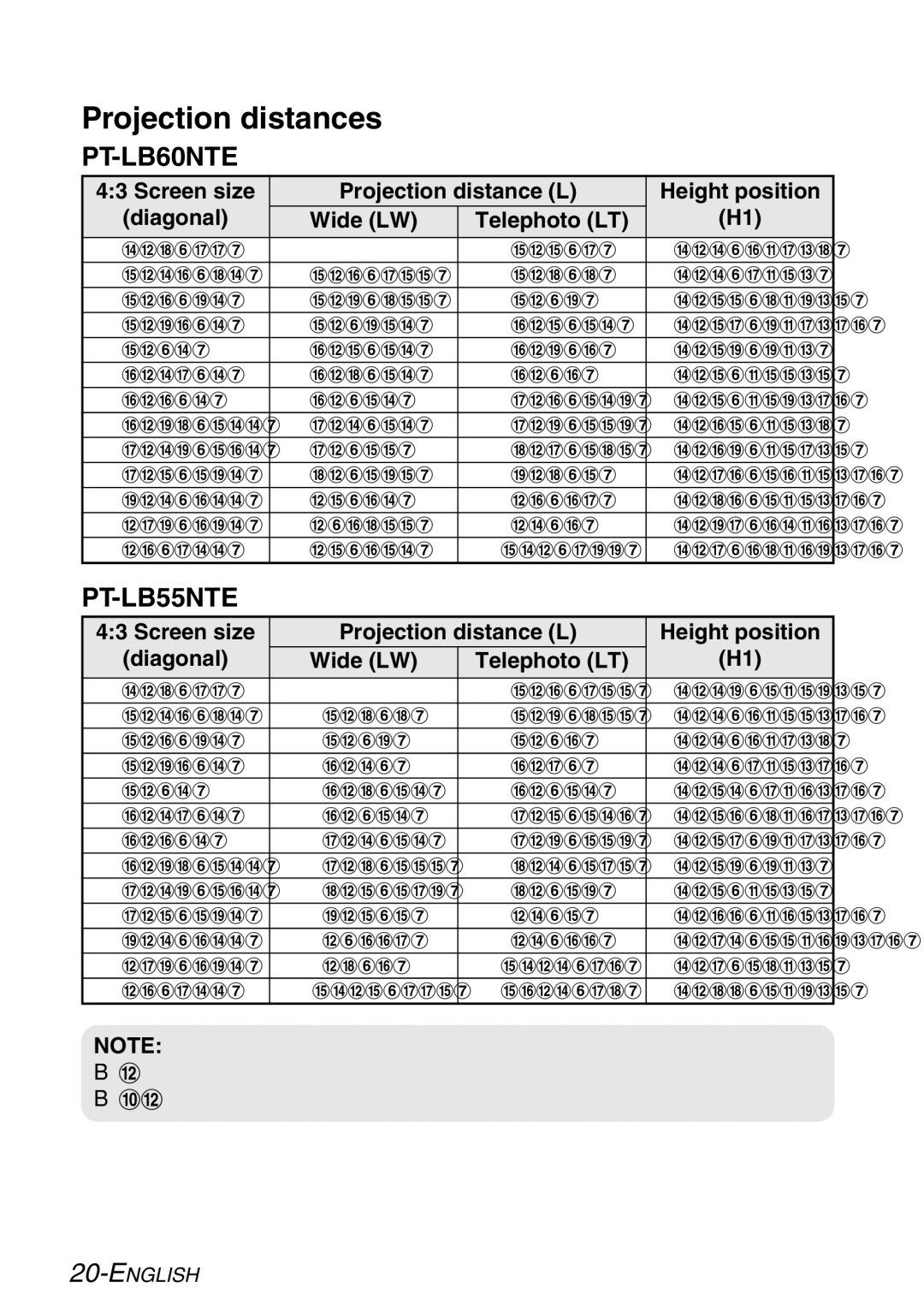 Panasonic PT-LB60NTE manual Projection distances 