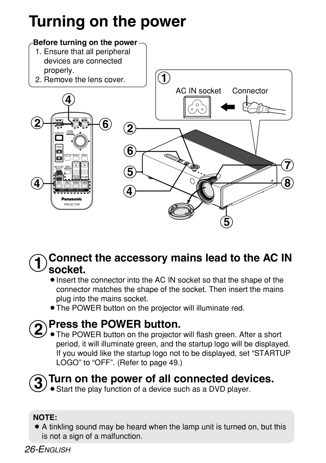 Panasonic PT-LB60NTE manual Turning on the power, $Press the Power button, Turn on the power of all connected devices 