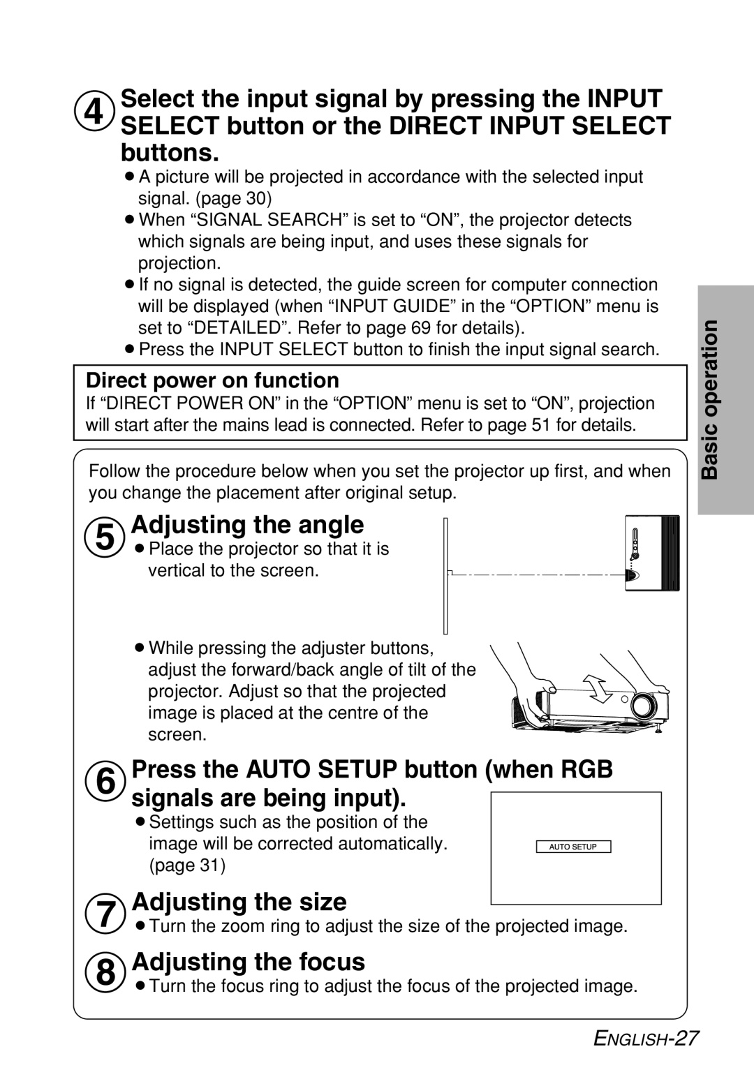 Panasonic PT-LB60NTE manual Buttons, Adjusting the angle, Adjusting the size, Adjusting the focus, Direct power on function 