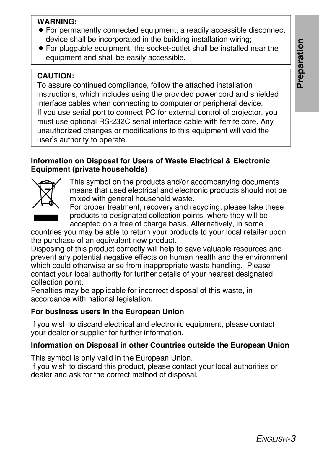 Panasonic PT-LB60NTE manual Preparation, For business users in the European Union 