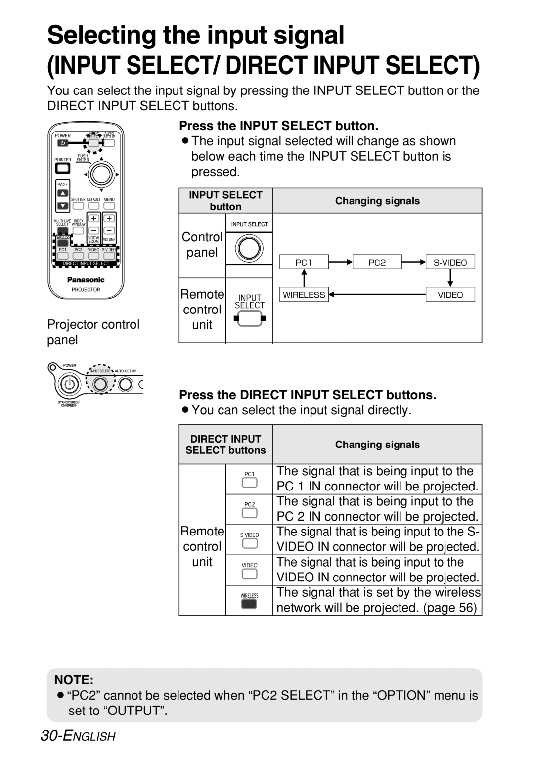 Panasonic PT-LB60NTE Selecting the input signal, Press the Input Select button, Press the Direct Input Select buttons 