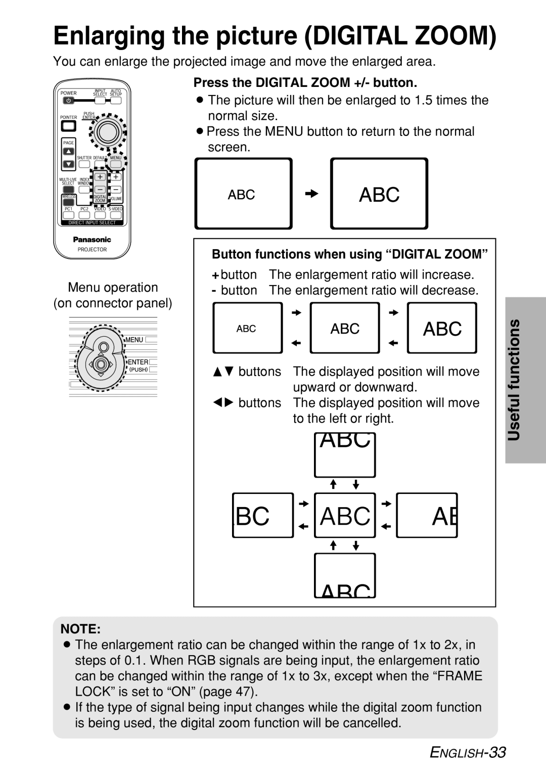 Panasonic PT-LB60NTE manual Enlarging the picture Digital Zoom, Press the Digital Zoom +/- button 