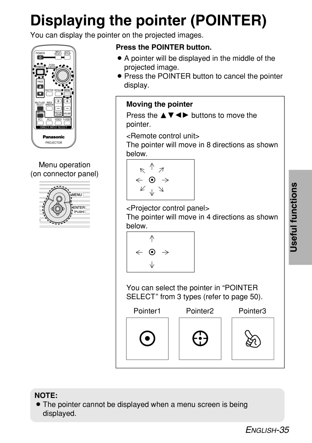 Panasonic PT-LB60NTE manual Displaying the pointer Pointer, Press the Pointer button, Moving the pointer 