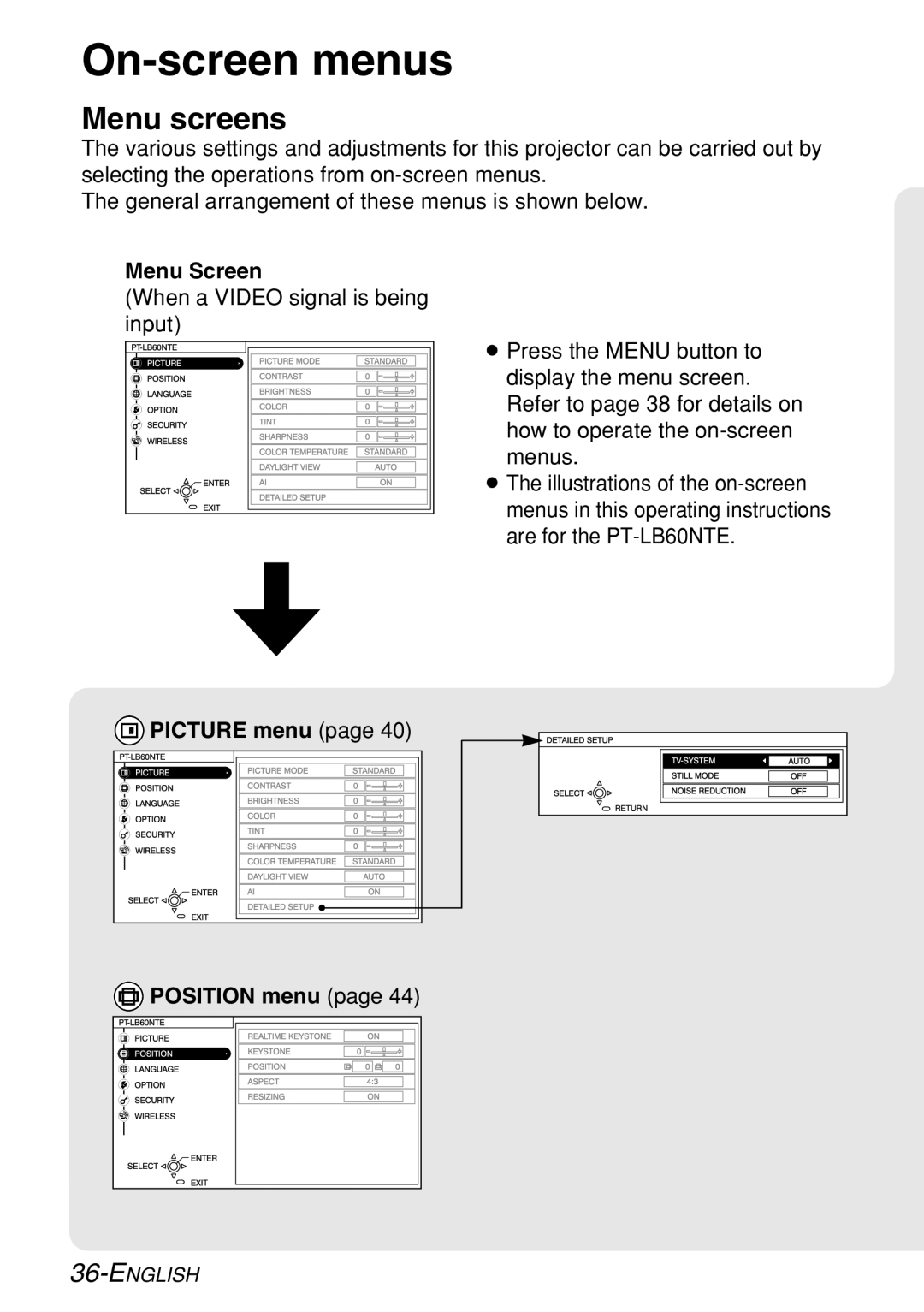 Panasonic PT-LB60NTE manual On-screen menus, Menu screens, Menu Screen, Picture menu Position menu 