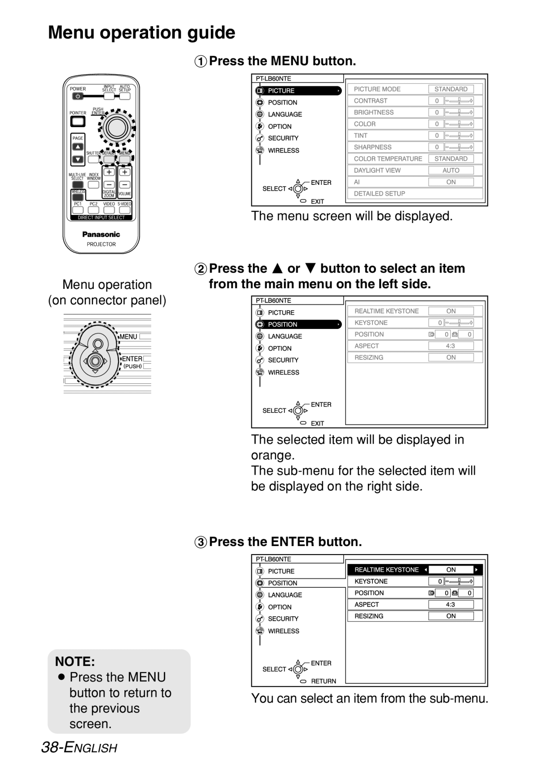 Panasonic PT-LB60NTE manual Menu operation guide, # Press the Menu button, Press the Enter button 