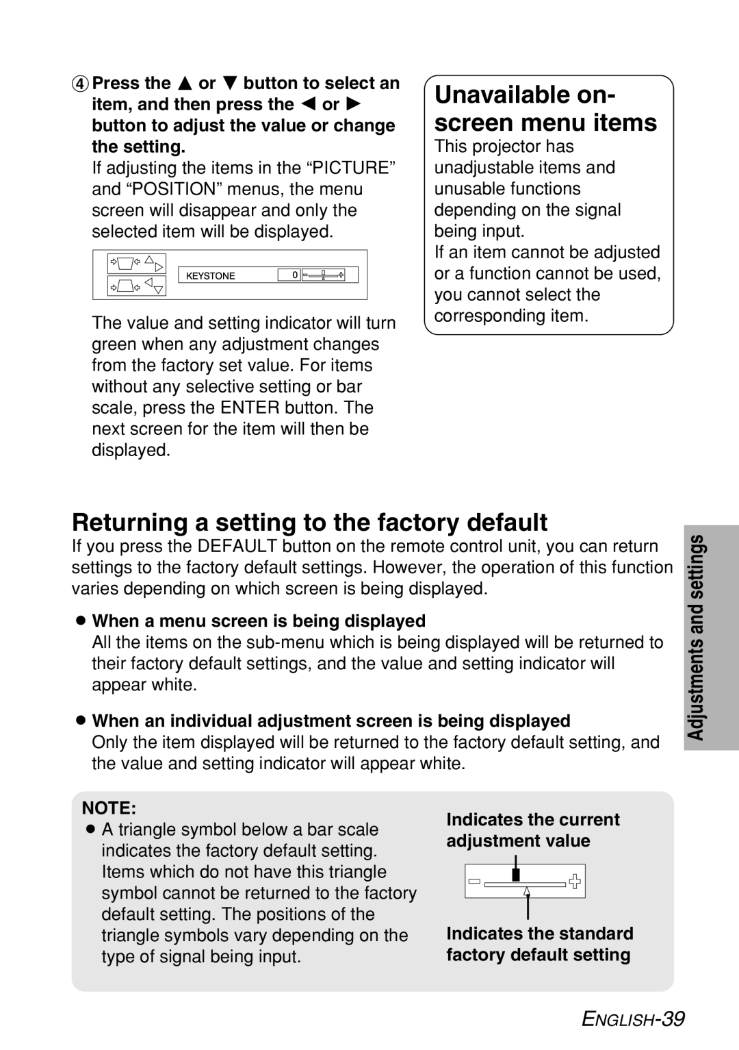 Panasonic PT-LB60NTE manual Returning a setting to the factory default, When a menu screen is being displayed 