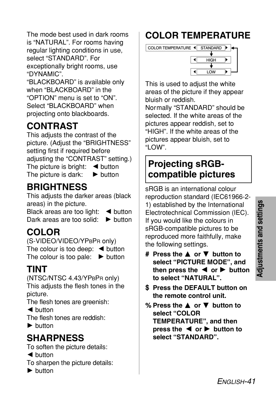 Panasonic PT-LB60NTE manual Contrast, Brightness, Tint, Sharpness, Color Temperature 