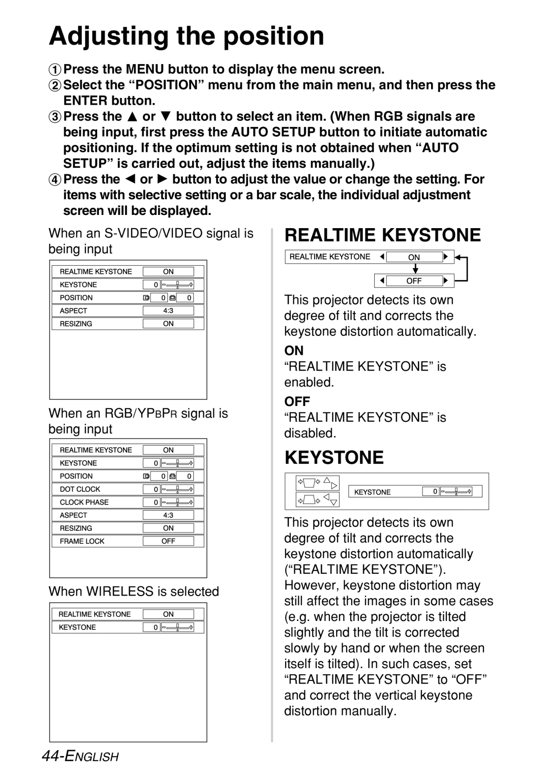 Panasonic PT-LB60NTE manual Adjusting the position, Realtime Keystone 