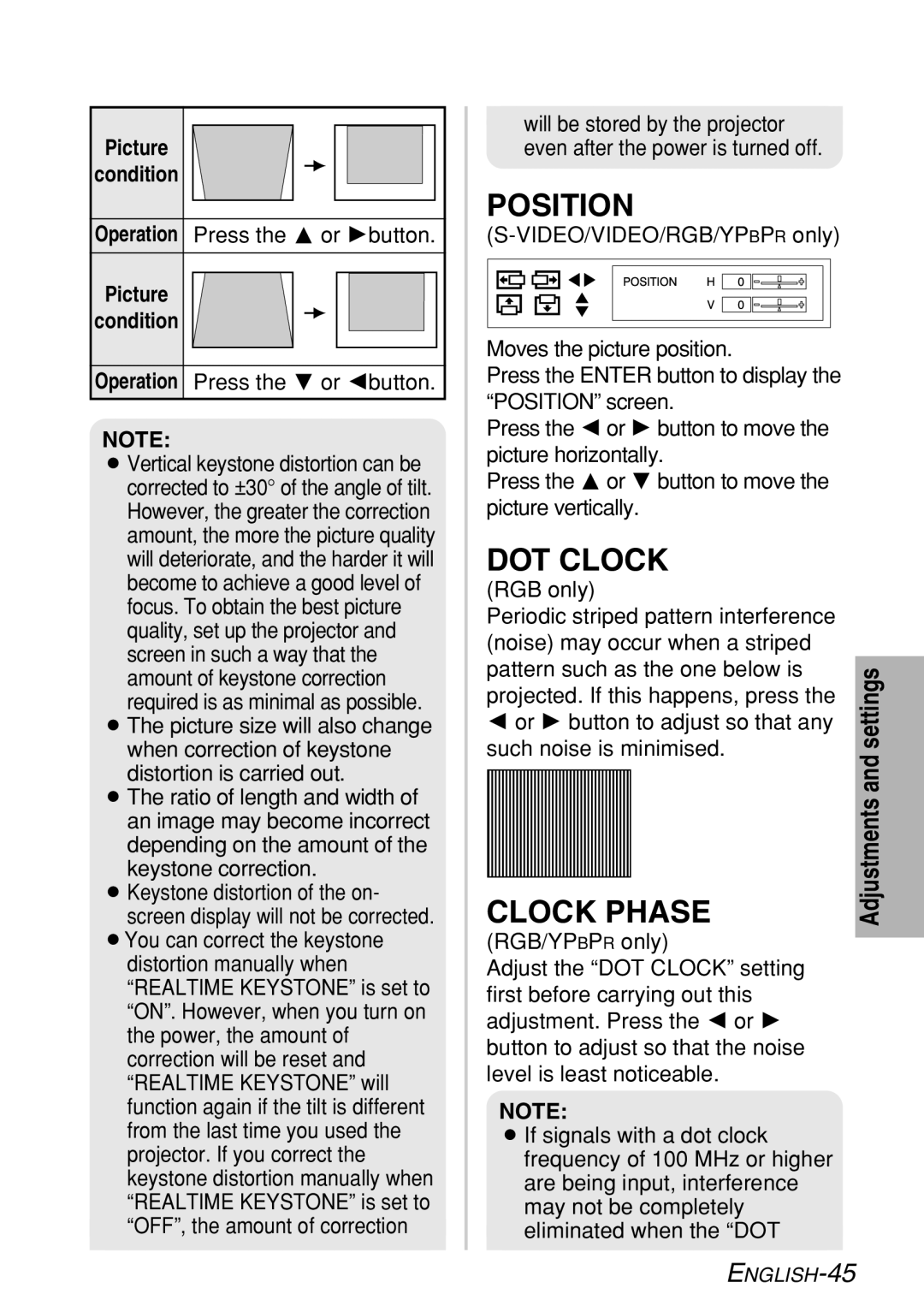 Panasonic PT-LB60NTE manual Position, DOT Clock, Clock Phase, Picture Condition, Adjustments 