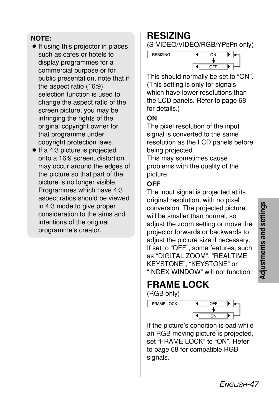 Panasonic PT-LB60NTE manual Resizing, Frame Lock 