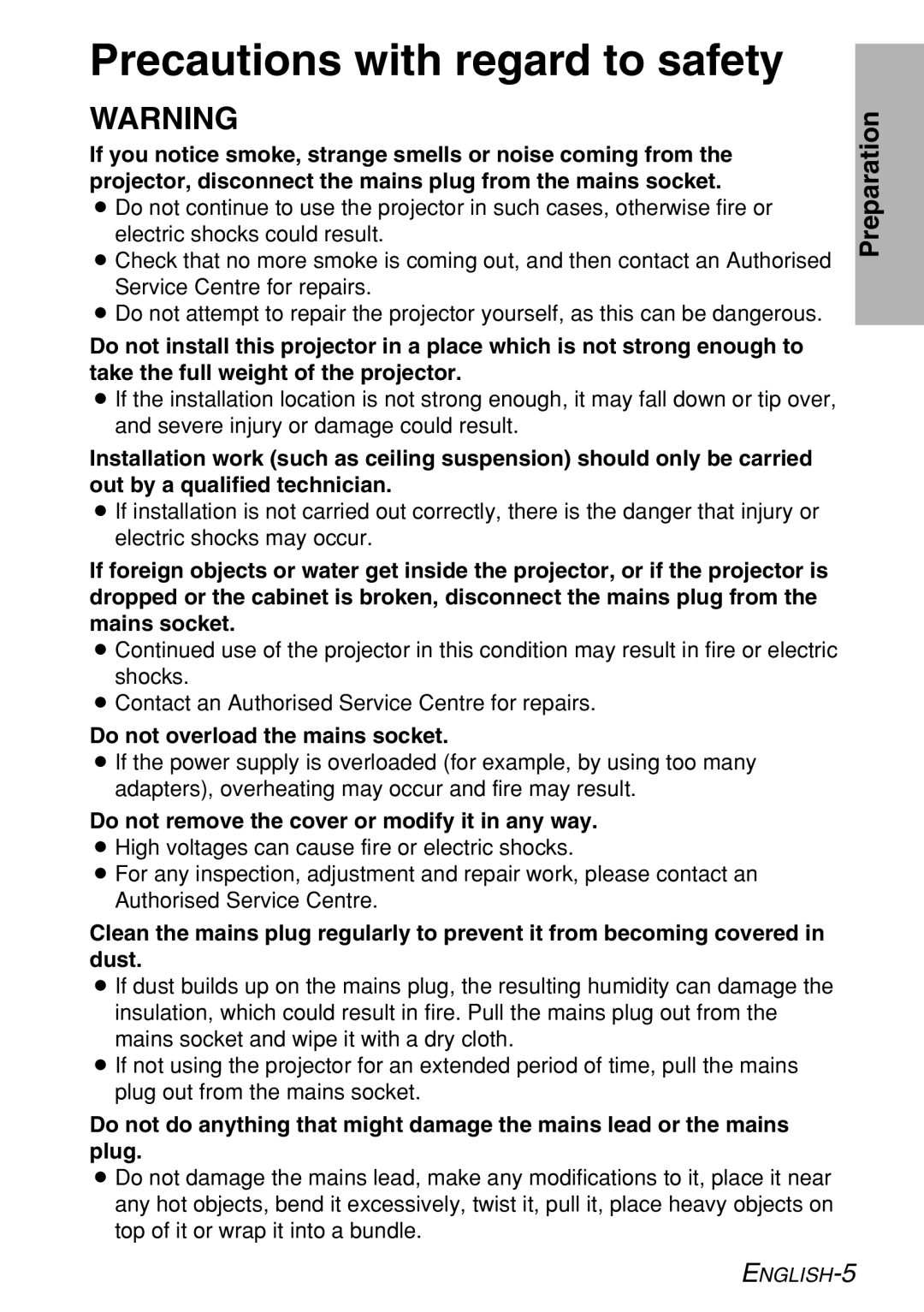 Panasonic PT-LB60NTE manual Precautions with regard to safety, Do not overload the mains socket 