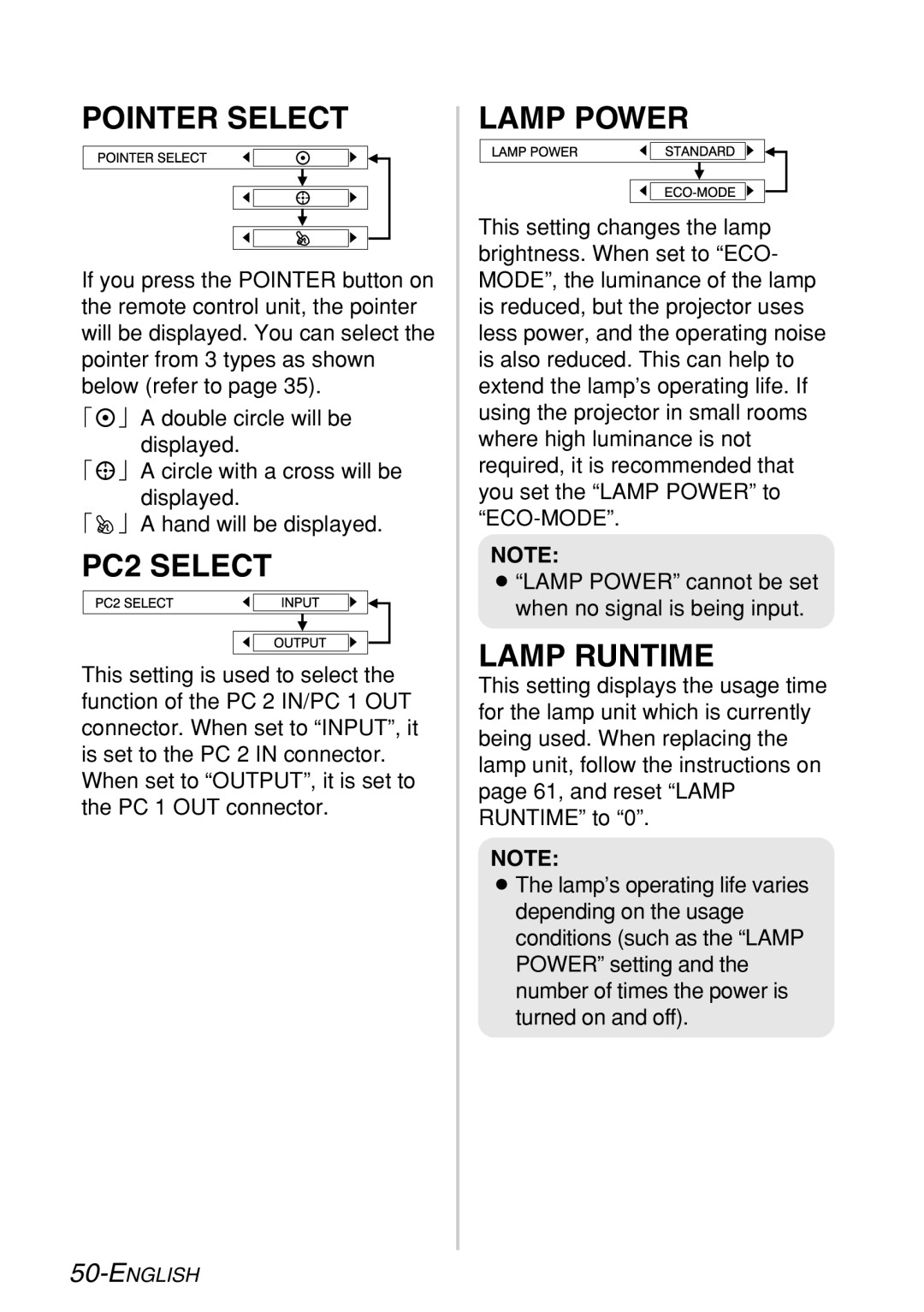 Panasonic PT-LB60NTE manual Pointer Select, PC2 Select, Lamp Power, Lamp Runtime 