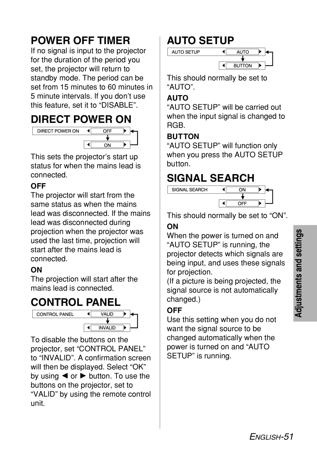 Panasonic PT-LB60NTE manual Power OFF Timer, Direct Power on, Control Panel, Auto Setup, Signal Search 