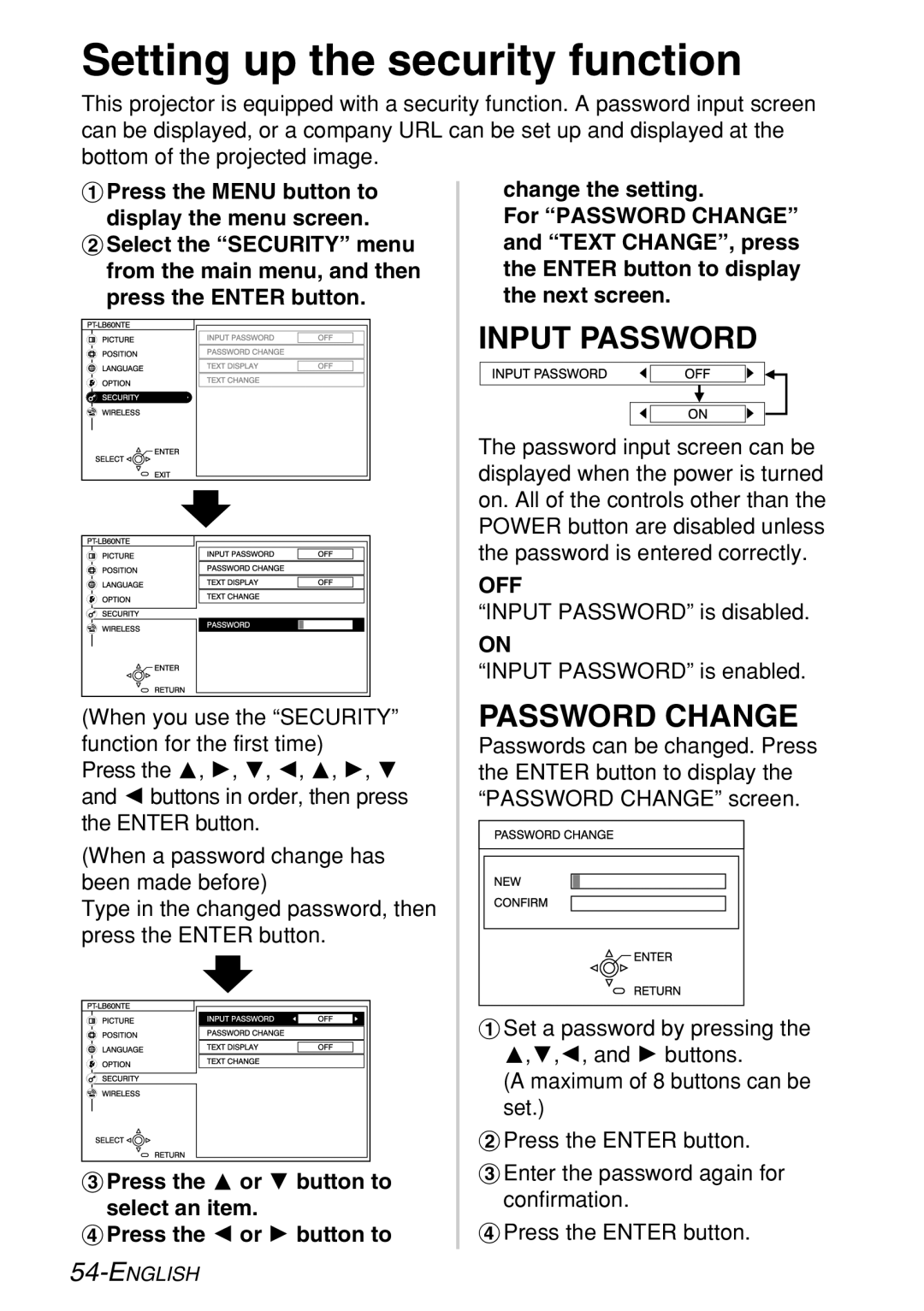 Panasonic PT-LB60NTE manual Setting up the security function, Input Password, Password Change 