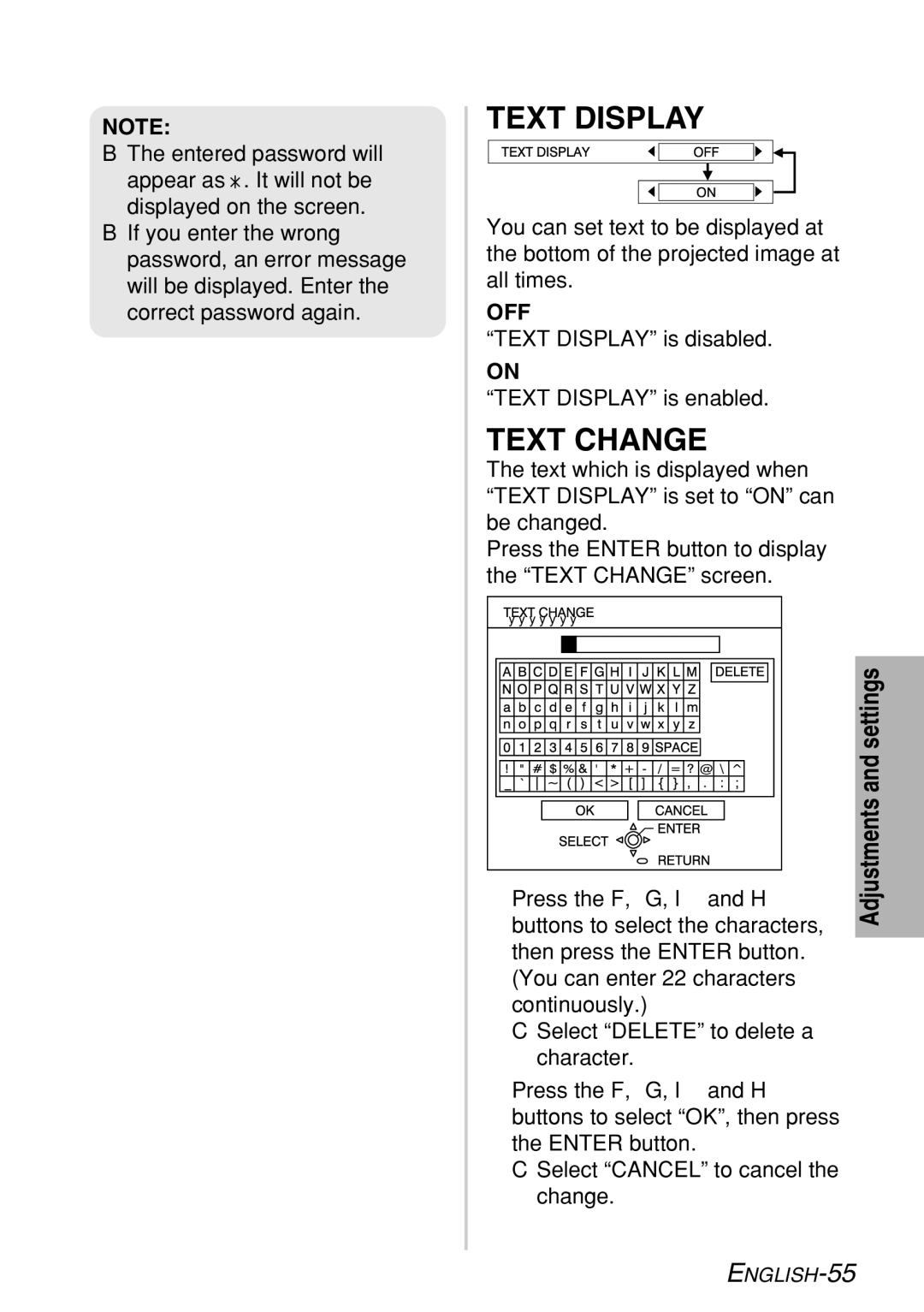 Panasonic PT-LB60NTE manual Text Display, Text Change, Settings 