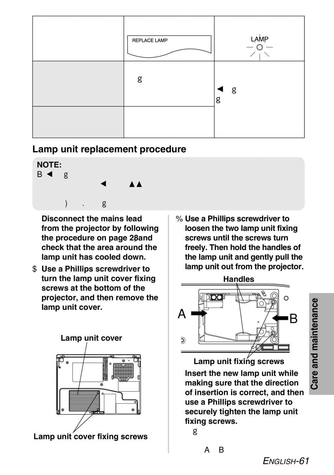 Panasonic PT-LB60NTE manual Lamp unit replacement procedure, Handles 