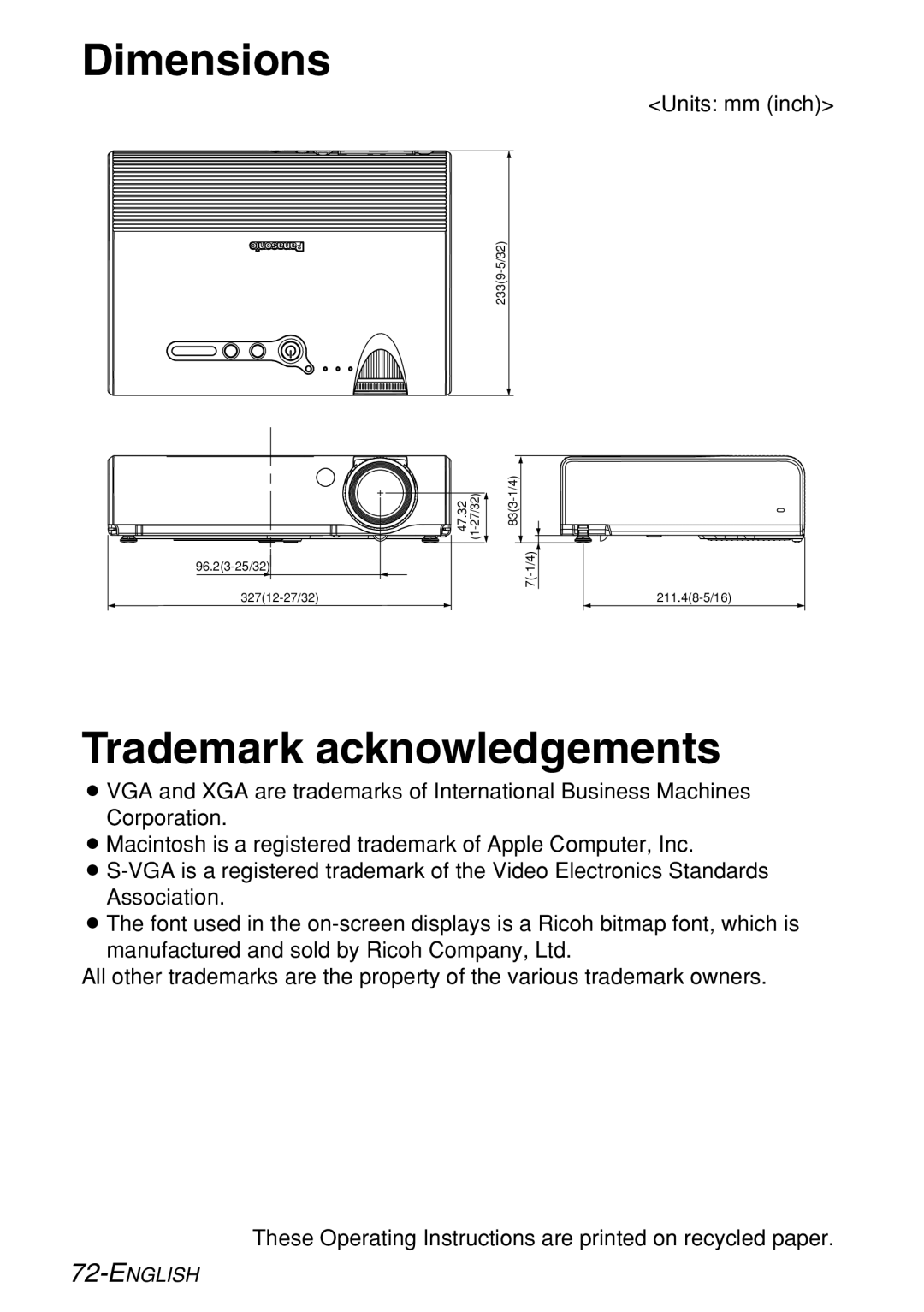 Panasonic PT-LB60NTE manual Dimensions, Trademark acknowledgements 