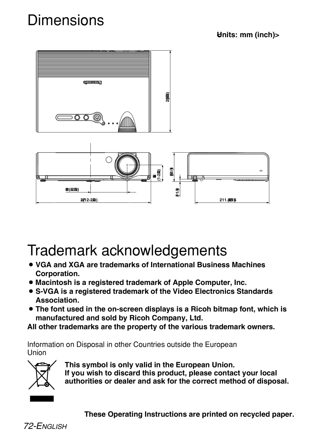 Panasonic PT-LB60NTU, PT-LB60U manual Dimensions, Trademark acknowledgements 