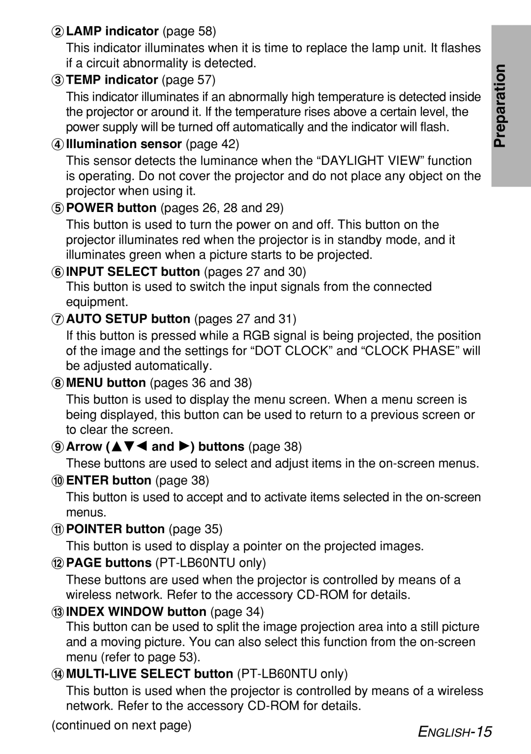 Panasonic PT-LB60U manual $ Lamp indicator, Temp indicator, Illumination sensor, Input Select button pages 27, Enter button 