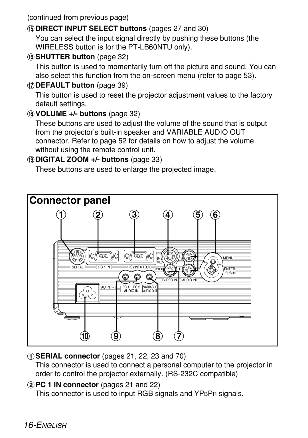 Panasonic PT-LB60U manual Direct Input Select buttons pages 27, Shutter button, Default button, Volume +/- buttons 