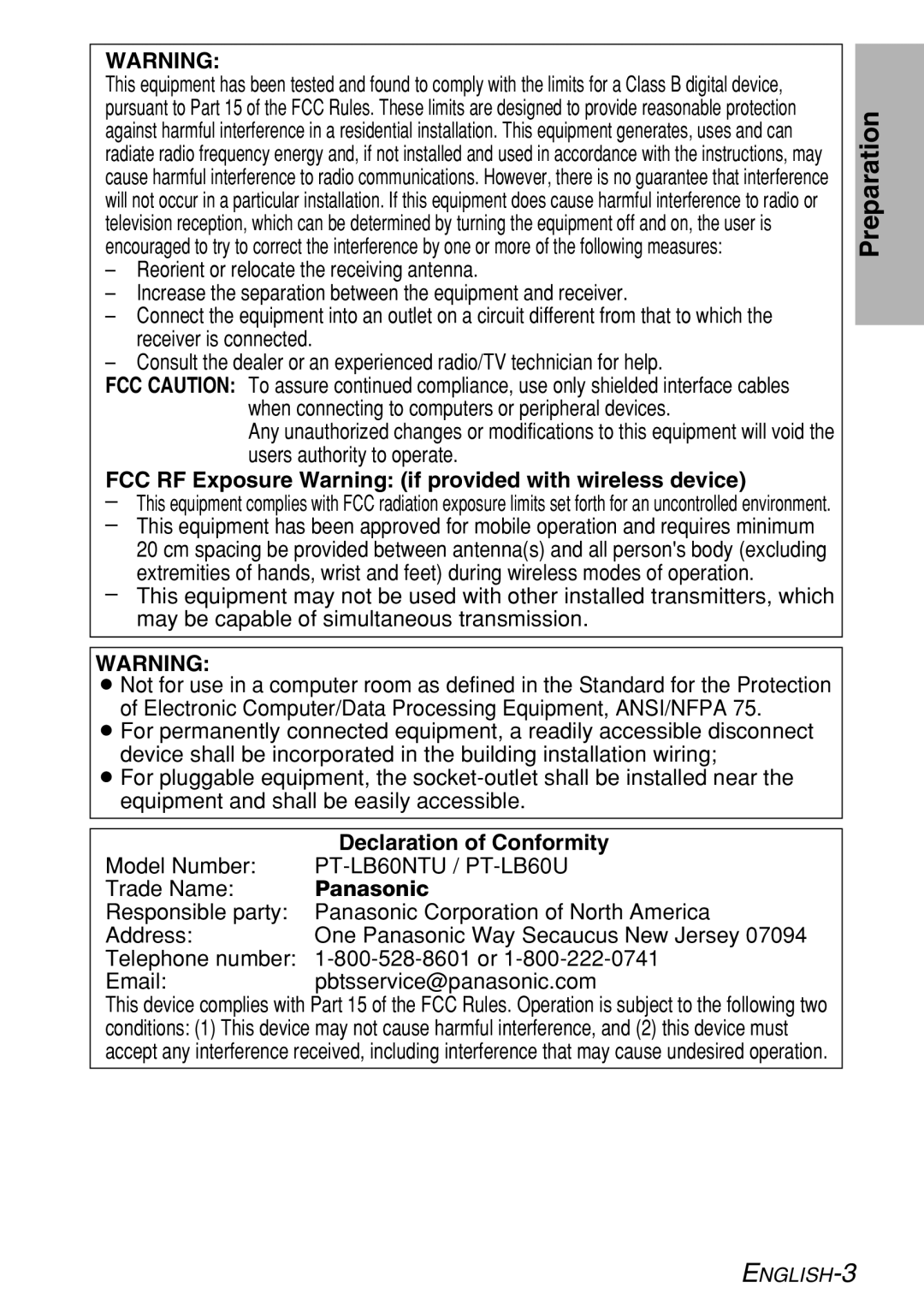 Panasonic PT-LB60U manual Preparation, FCC RF Exposure Warning if provided with wireless device, Declaration of Conformity 