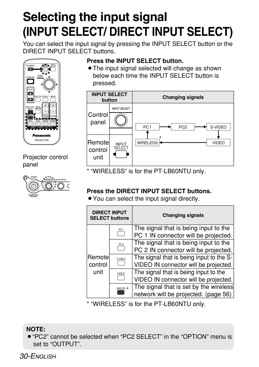 Panasonic PT-LB60U manual Selecting the input signal, Press the Input Select button, Press the Direct Input Select buttons 