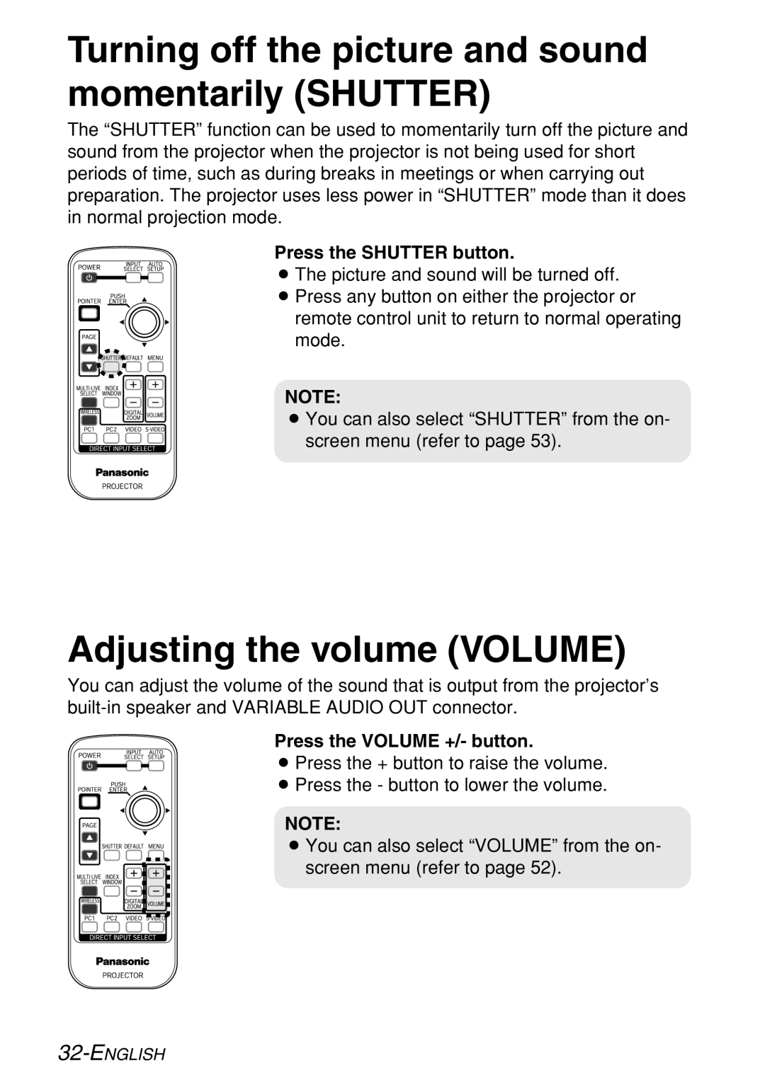 Panasonic PT-LB60U manual Turning off the picture and sound momentarily Shutter, Adjusting the volume Volume 