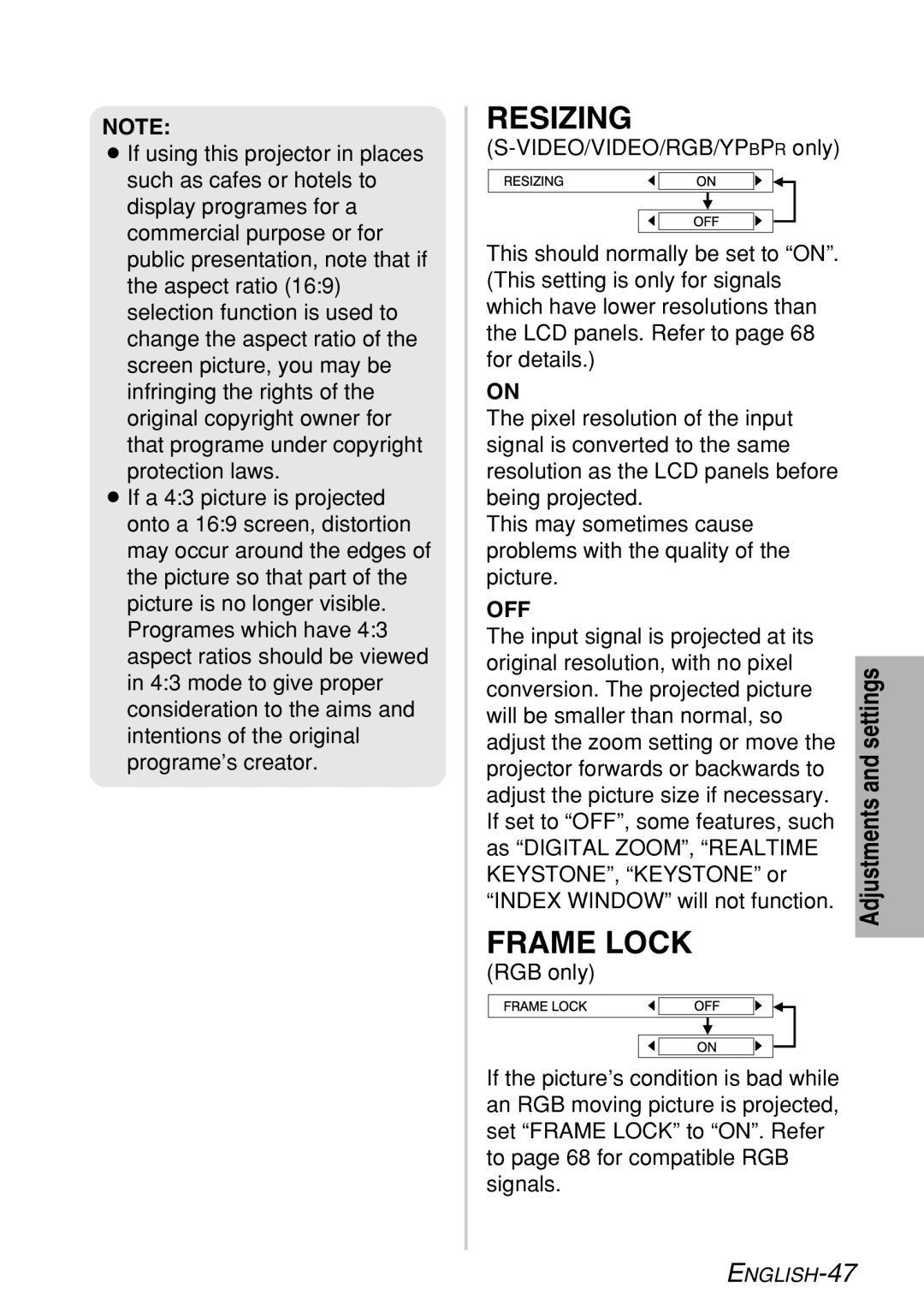 Panasonic PT-LB60U manual Resizing, Frame Lock 