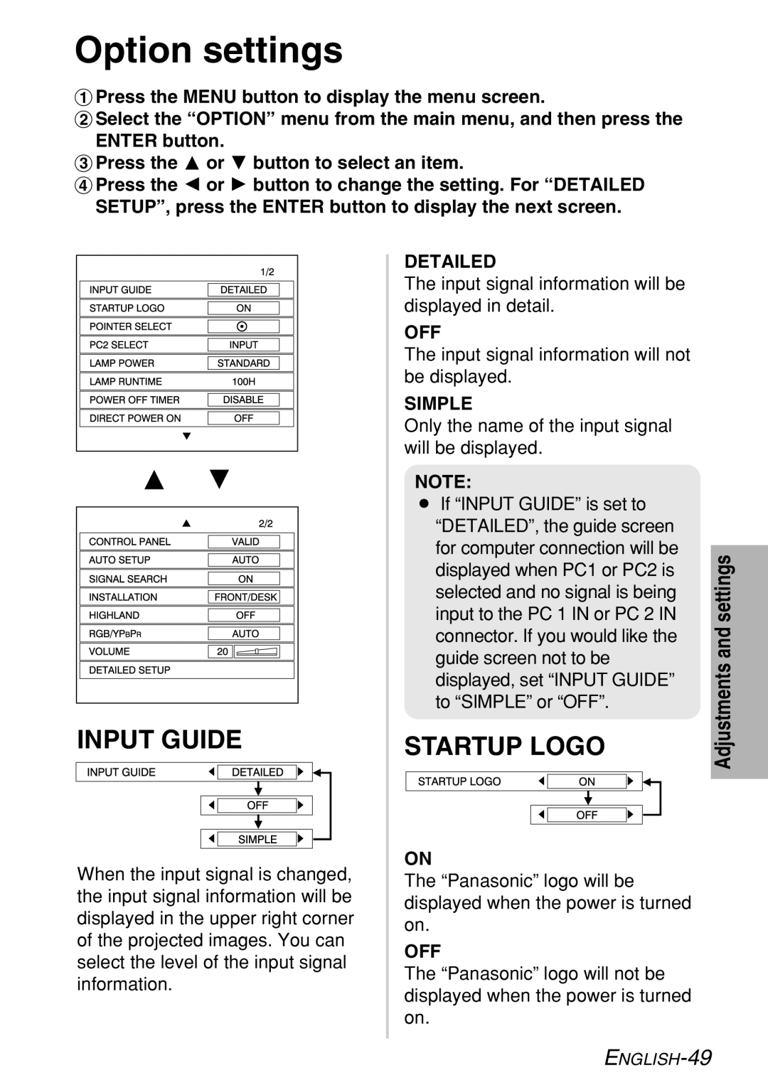 Panasonic PT-LB60U manual Option settings, Input Guide, Startup Logo 