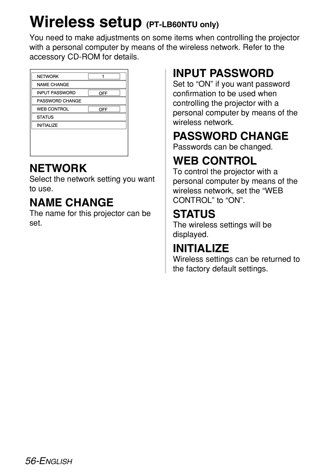 Panasonic PT-LB60U manual Network, Name Change, WEB Control, Status, Initialize 