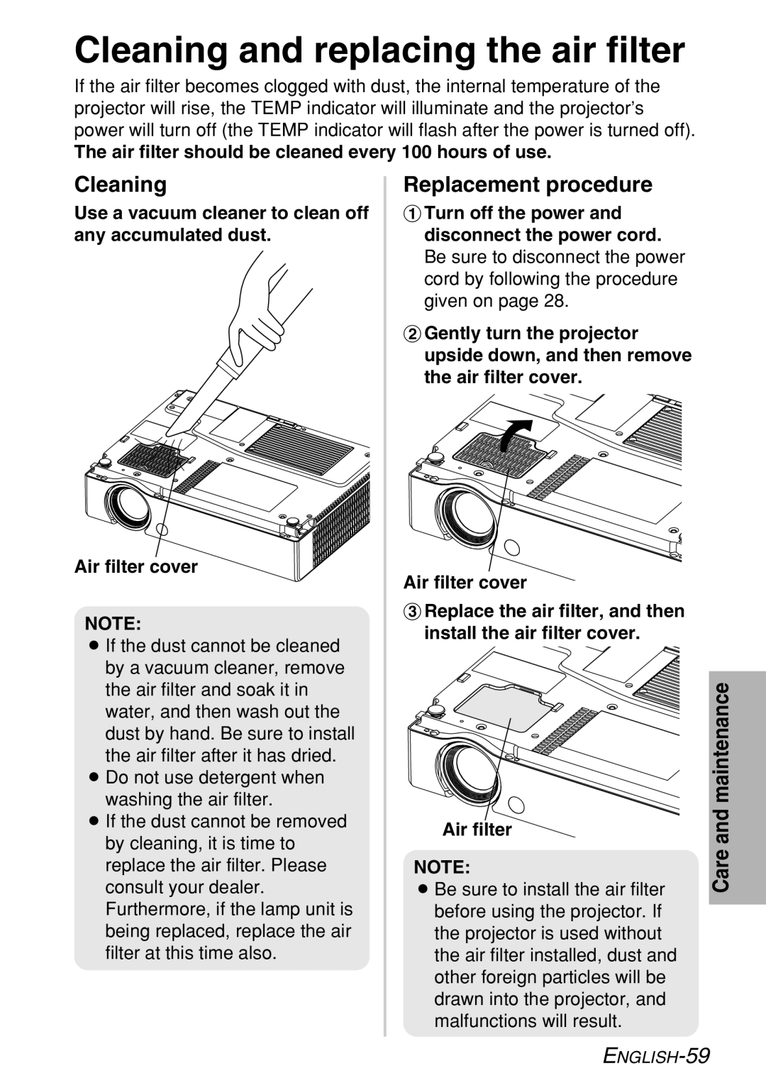 Panasonic PT-LB60U manual Cleaning and replacing the air filter, Replacement procedure 