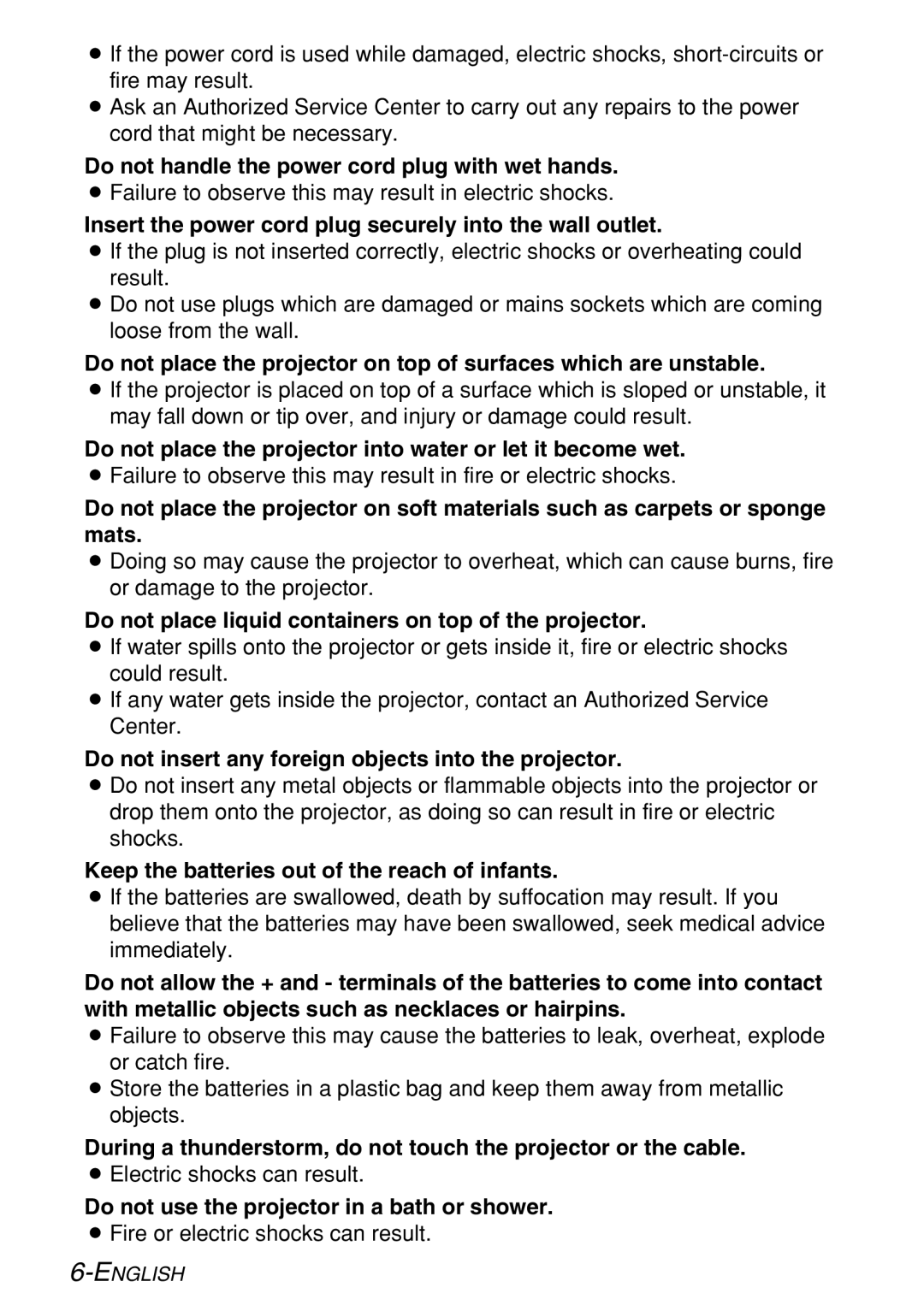 Panasonic PT-LB60U Do not handle the power cord plug with wet hands, Do not insert any foreign objects into the projector 