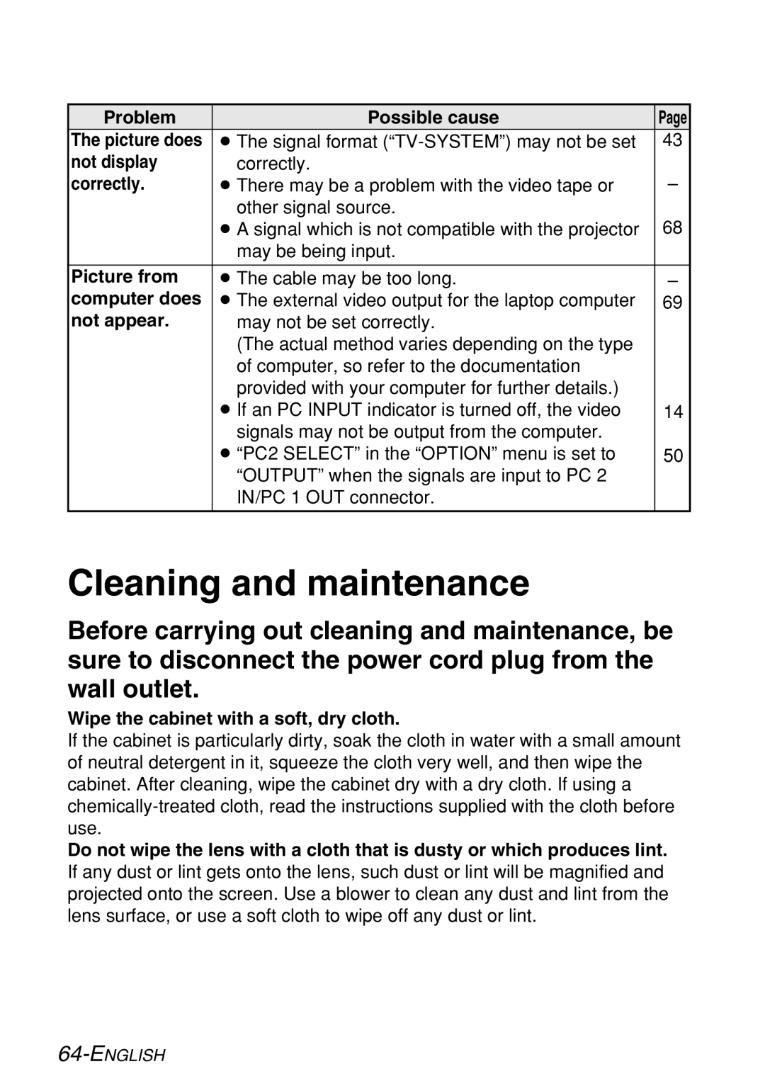 Panasonic PT-LB60U manual Cleaning and maintenance 