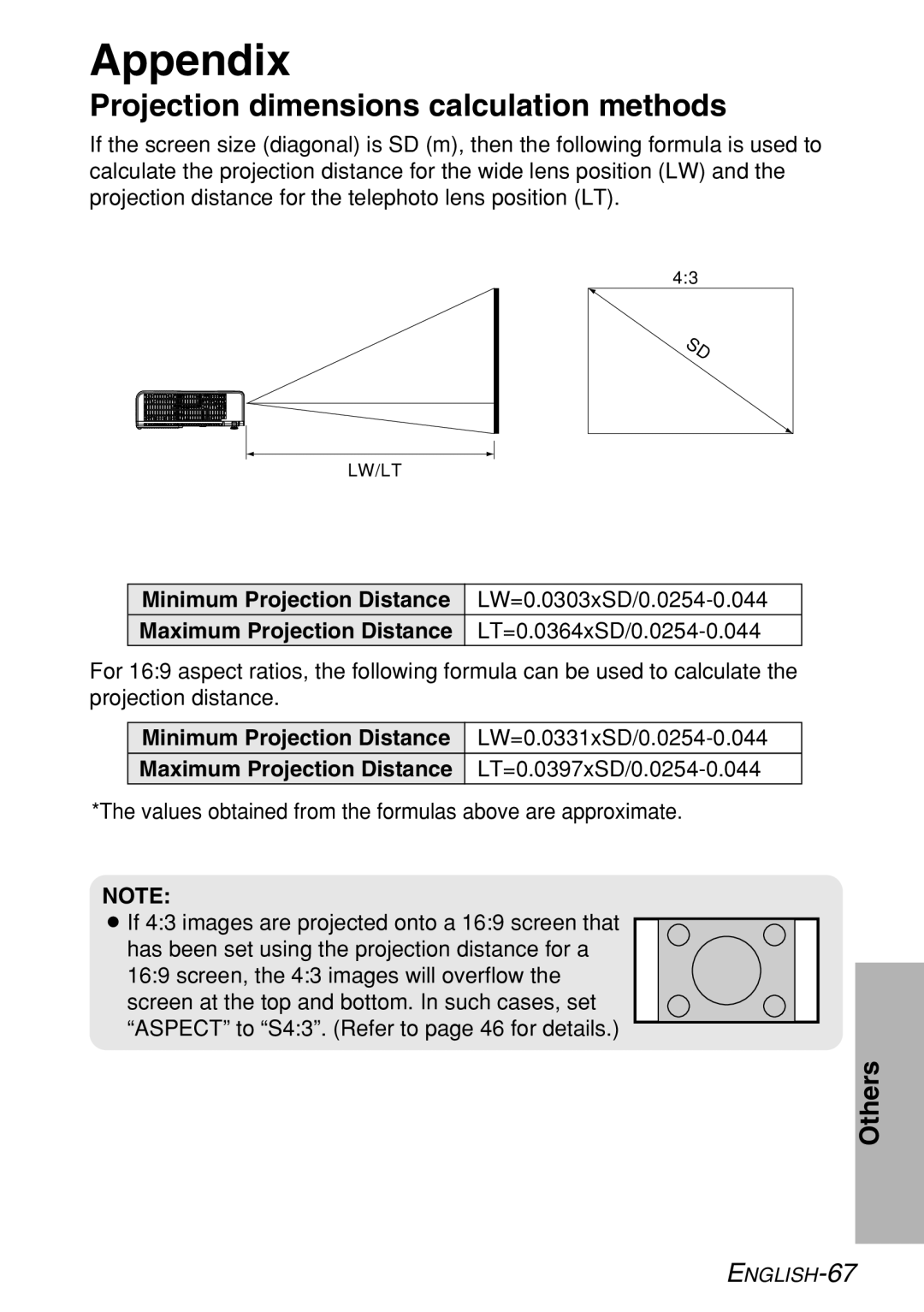 Panasonic PT-LB60U manual Appendix, Projection dimensions calculation methods 