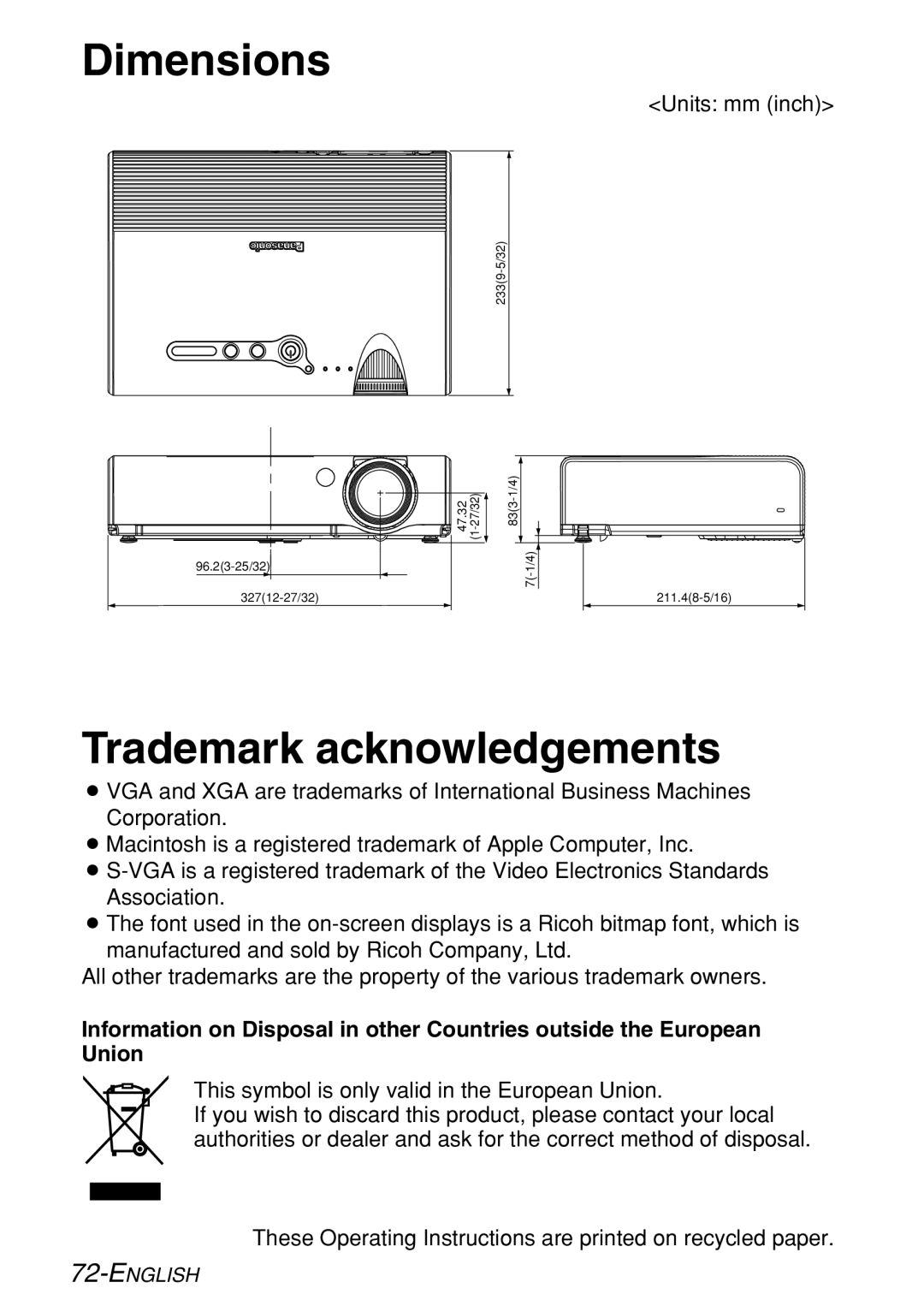 Panasonic PT-LB60U manual Dimensions, Trademark acknowledgements 