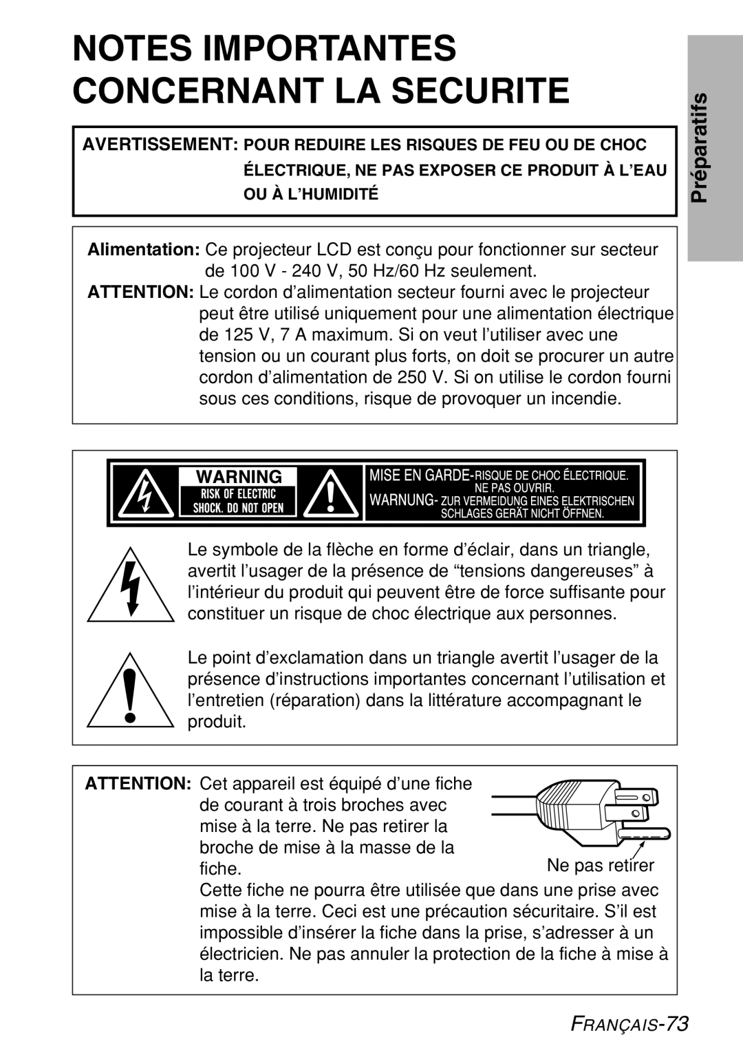 Panasonic PT-LB60U manual Préparatifs 