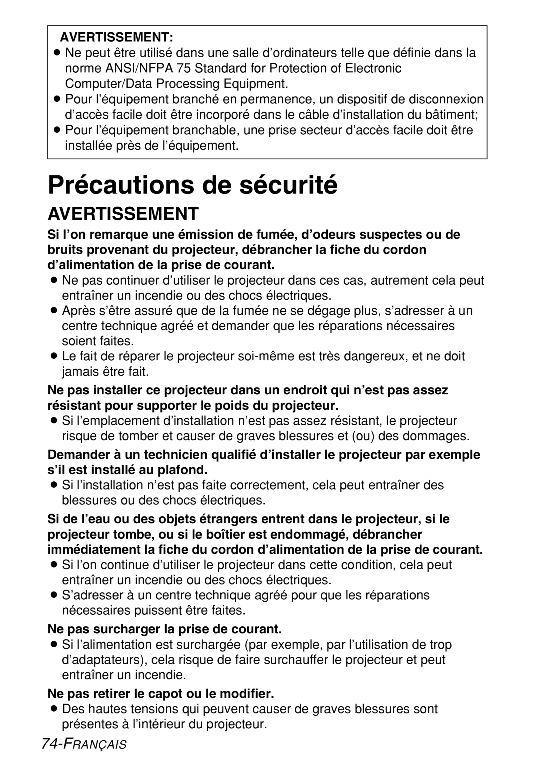 Panasonic PT-LB60U manual Précautions de sécurité, Avertissement, Ne pas surcharger la prise de courant 