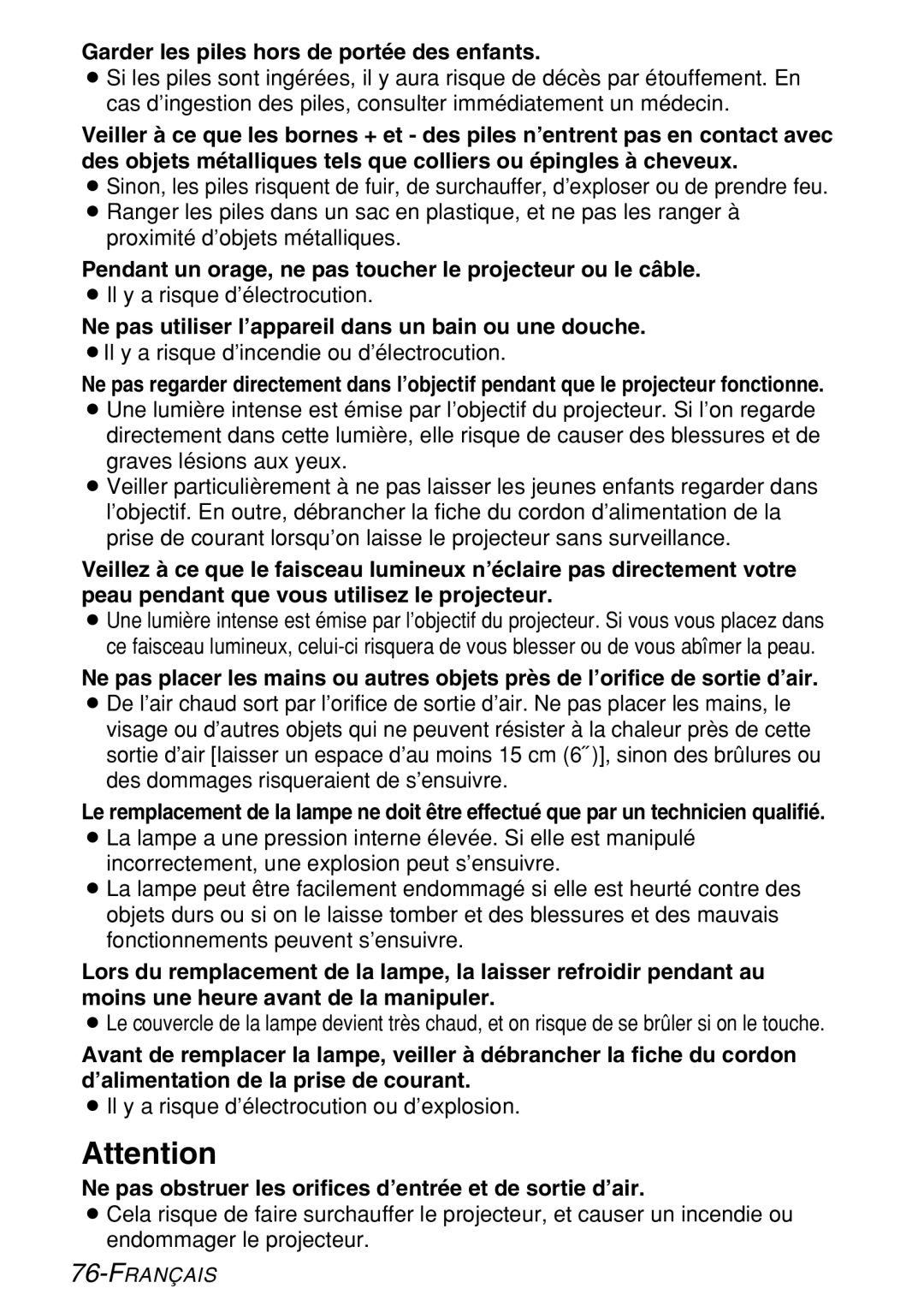 Panasonic PT-LB60U Garder les piles hors de portée des enfants, Pendant un orage, ne pas toucher le projecteur ou le câble 