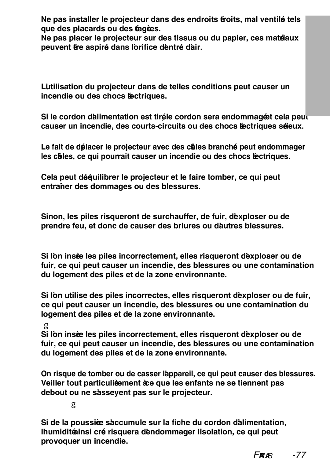 Panasonic PT-LB60U manual Ne pas placer d’objets lourds sur le projecteur, Utiliser uniquement les piles spécifiées 