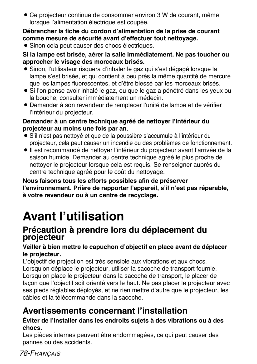 Panasonic PT-LB60U manual Avant l’utilisation, Précaution à prendre lors du déplacement du projecteur 