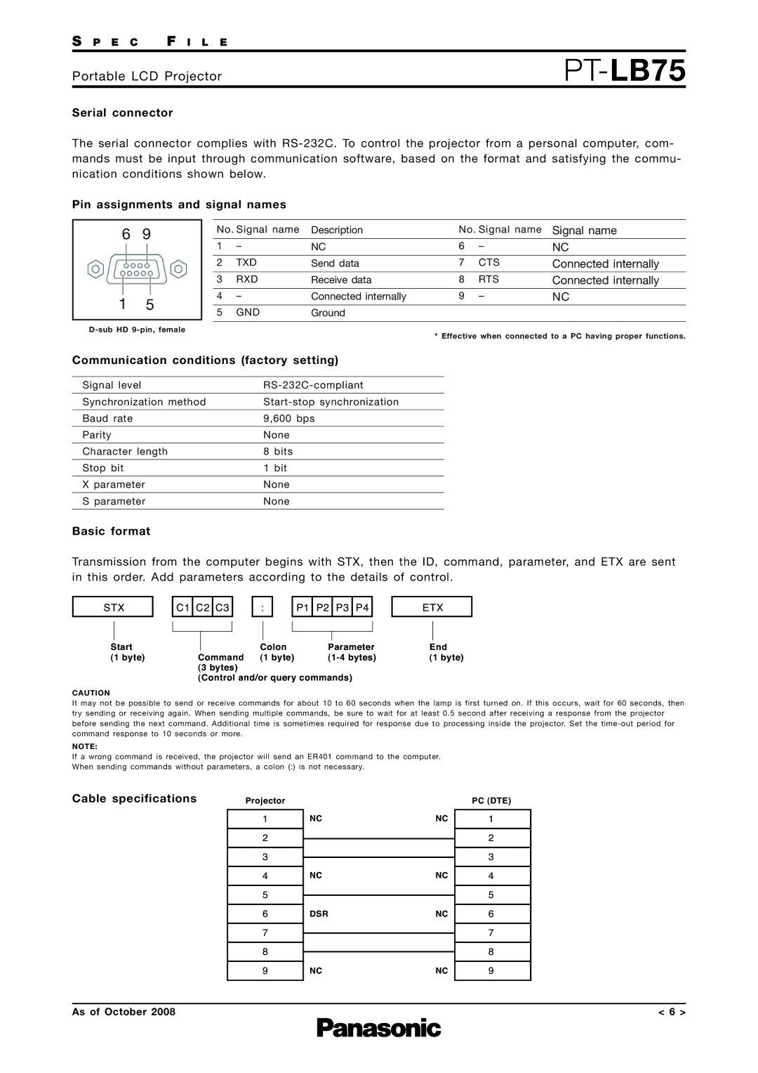 Panasonic PT-LB75 Serial connector, Pin assignments and signal names, Communication conditions factory setting 