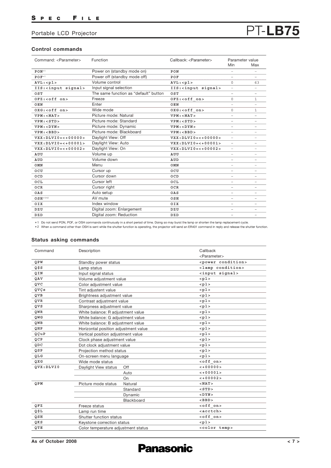 Panasonic PT-LB75 specifications Control commands, Status asking commands 