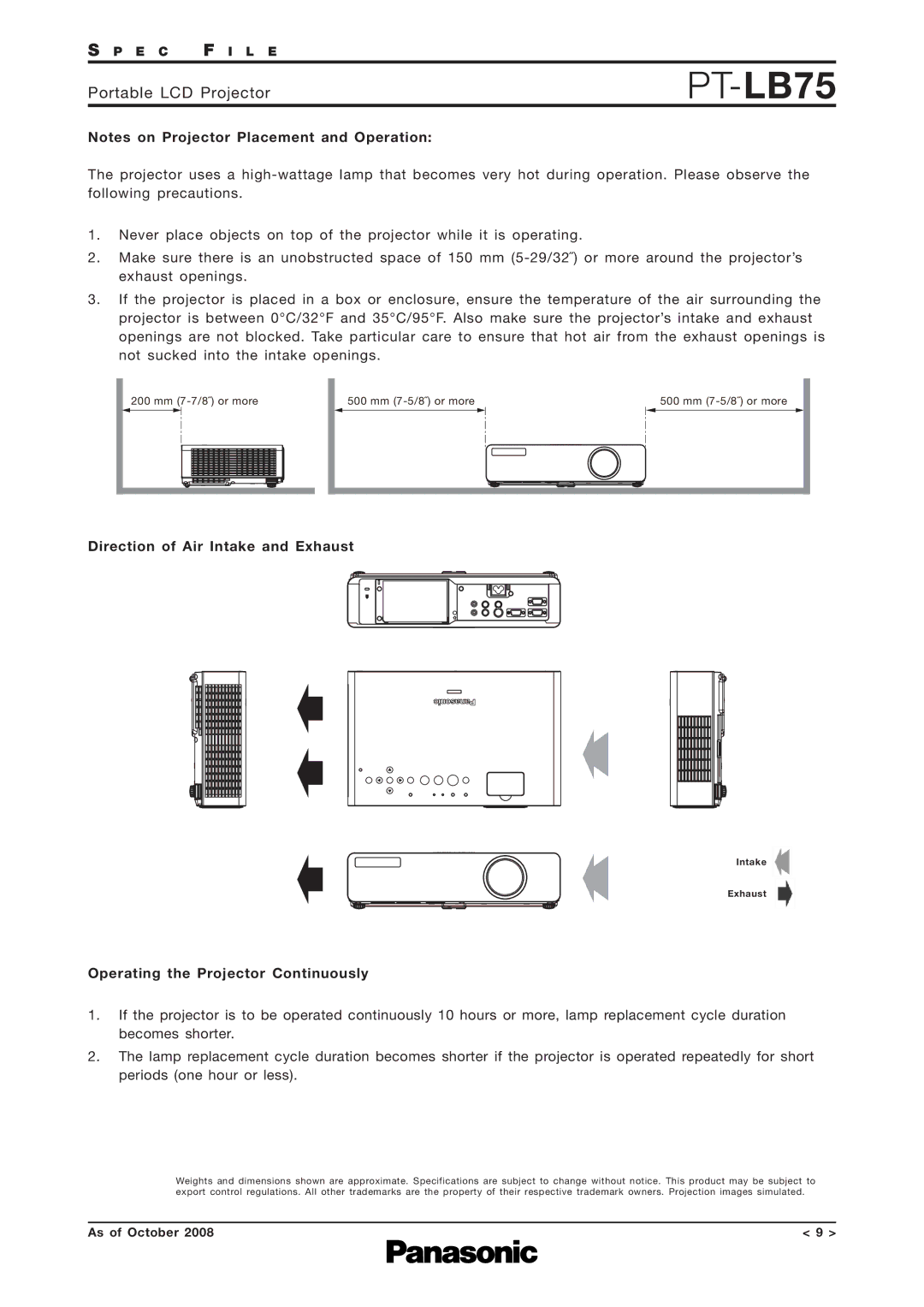 Panasonic PT-LB75 specifications Direction of Air Intake and Exhaust, Operating the Projector Continuously 