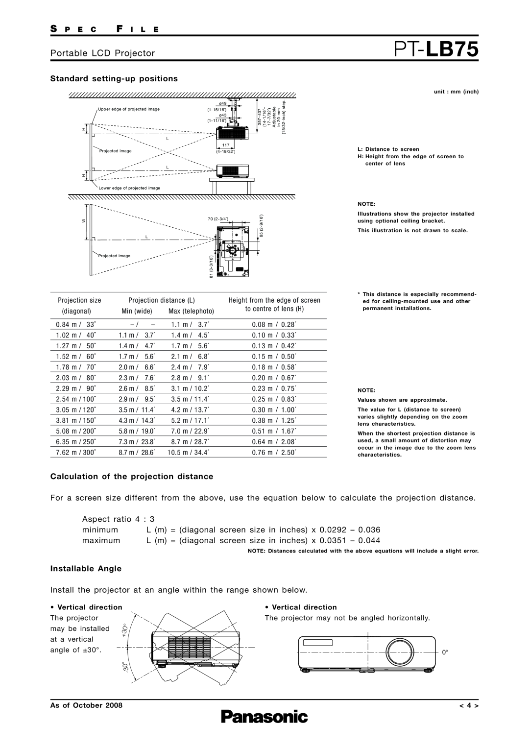 Panasonic PT-LB75 Standard setting-up positions, Calculation of the projection distance, Aspect ratio 4, minimum, 0.036 