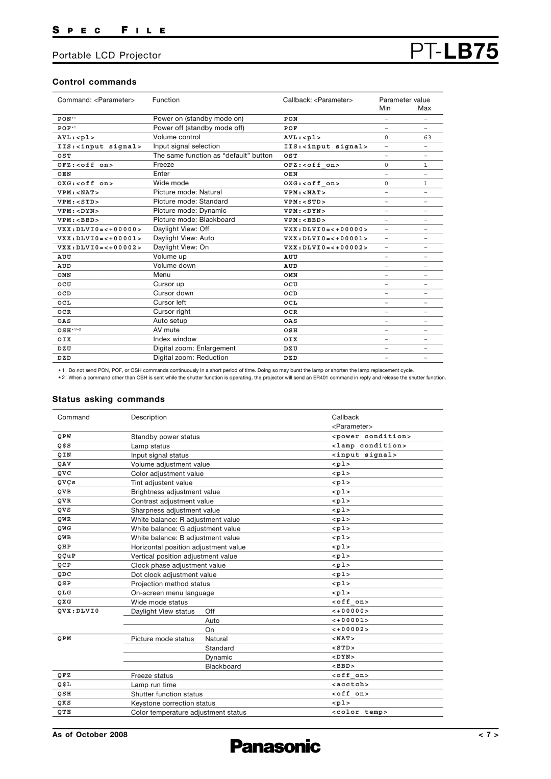 Panasonic PT-LB75 Control commands, Status asking commands, Portable LCD Projector, S P E C F I L E, As of October 