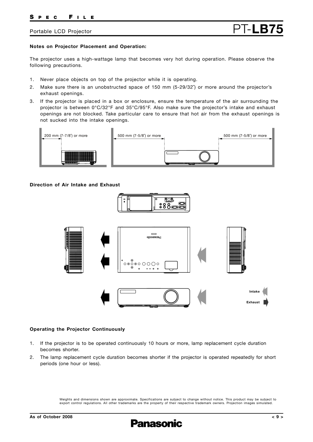 Panasonic PT-LB75 Notes on Projector Placement and Operation, Direction of Air Intake and Exhaust, Portable LCD Projector 