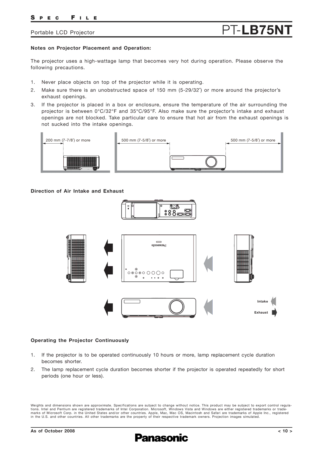 Panasonic PT-LB75NT specifications Direction of Air Intake and Exhaust, Operating the Projector Continuously 