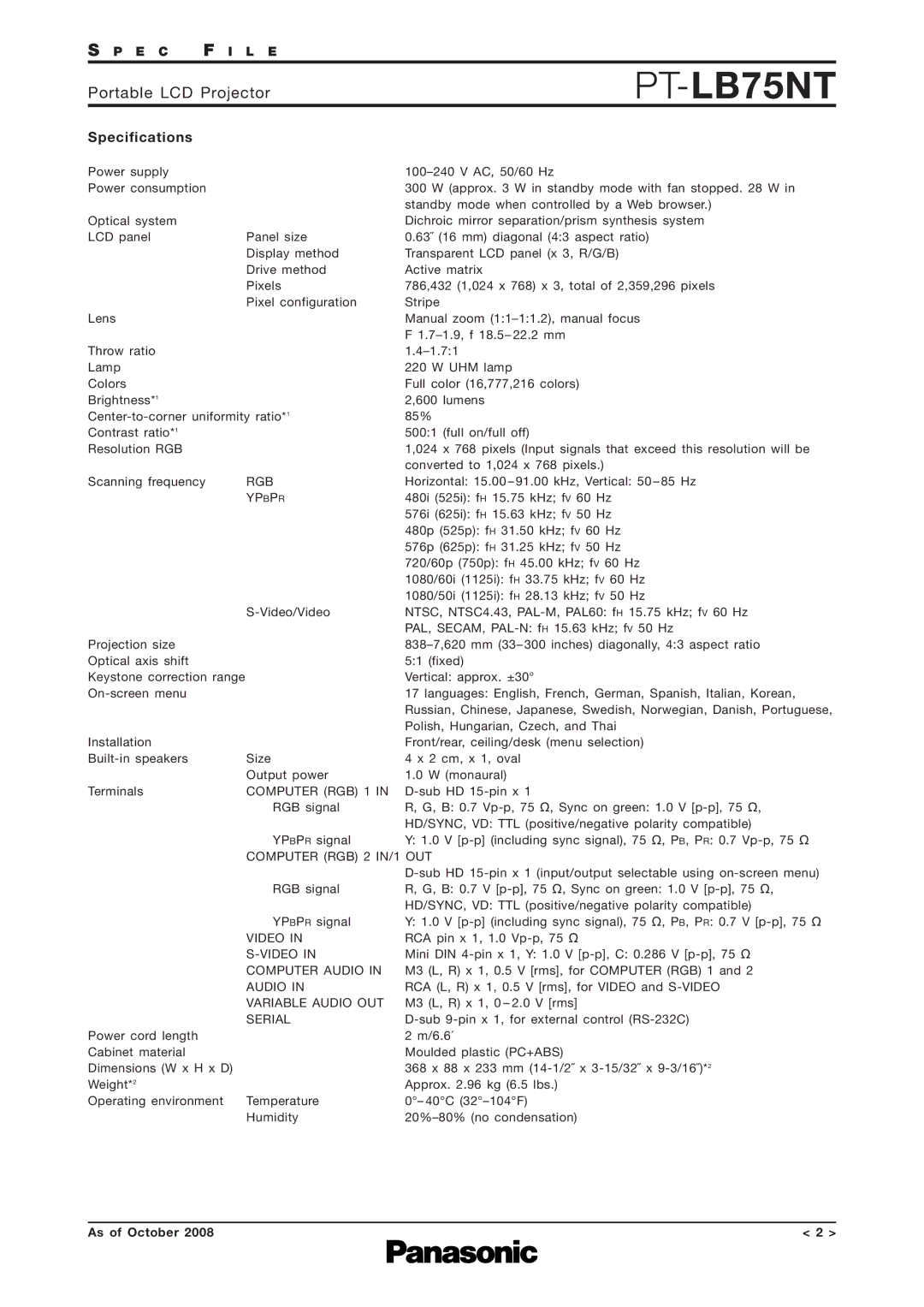 Panasonic PT-LB75NT specifications Specifications 